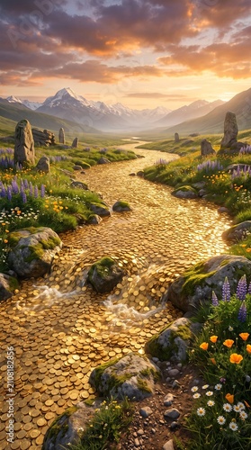 A surreal river of gold coins flowing through a scenic mountain valley at sunset.