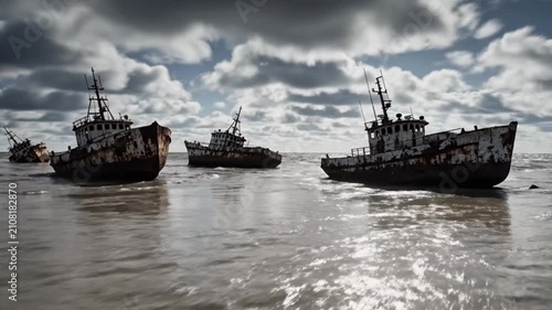 Water Flooding Dry Cracked Earth with Old Abandoned Ships