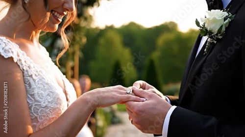 Groom Putting Ring on Bride Finger at Outdoor Wedding Ceremony