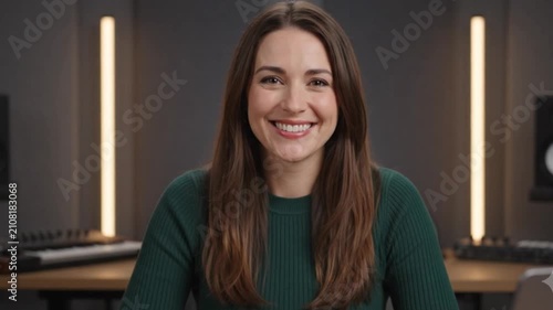 Young Woman Talking to Camera in Home Studio Vlog Video Call