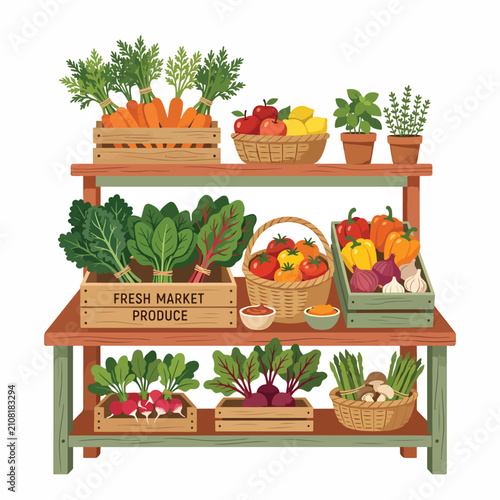 Fresh market produce display with colorful fruits and vegetables.