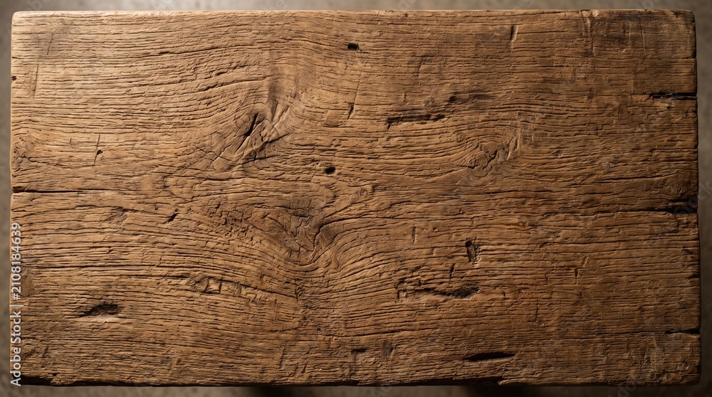 Fototapeta premium Top View of Rough Aged Solid Wood Block with Natural Grain and Cracks