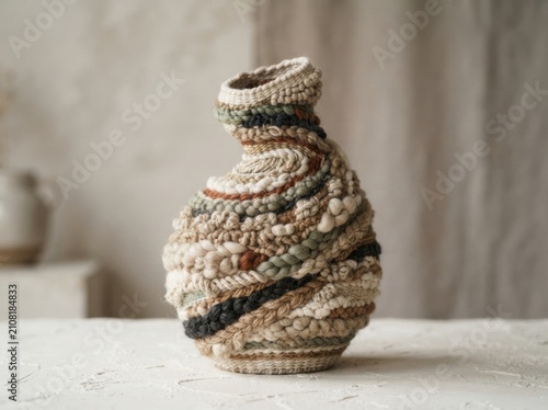 Artistic Woven Vase with Neutral and Earth Tones on White Tabletop