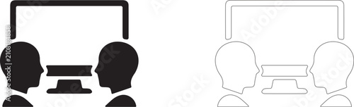 Dialogue between two colleagues at monitor vector icon filled and outline, project discussion and pair work symbol.
