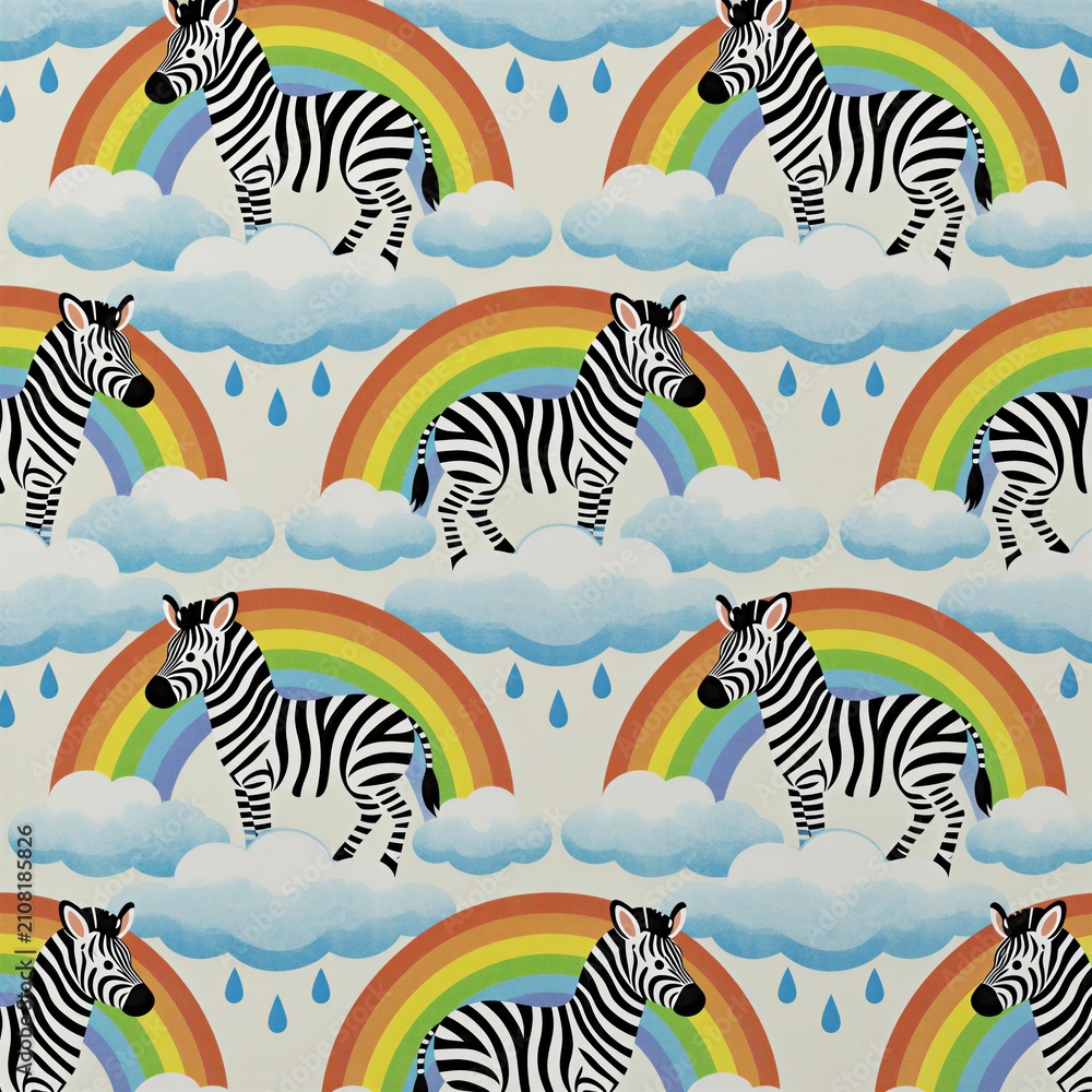 Obraz premium Seamless pattern features cute cartoon zebras with rainbows, fluffy clouds on light background. Repeating nursery design displays colorful arch shapes plus soft blue rain droplets. Whimsical animal