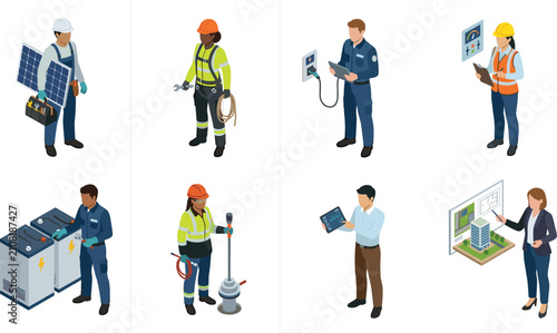 Skilled Trades and Engineering Professional Isometric Vector Character Set with Electricians Technicians and Field Engineers