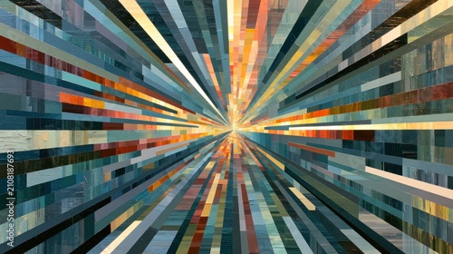 A colorful, abstract digital artwork featuring a series of horizontal and vertical stripes in shades of blue, orange, yellow, and green, creating a dynamic and vibrant pattern.