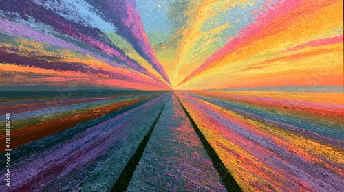A vibrant, colorful, abstract painting of a rainbow-colored sky with a road stretching into the horizon.