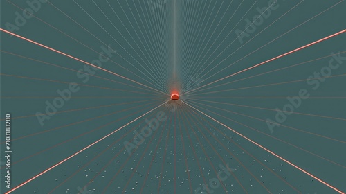A red and green laser beam converging in the center of a dark green tunnel with a small red light at the end.