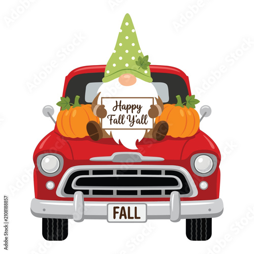 Happy Fall Y'all Red Vintage Truck with Gnome and Pumpkins