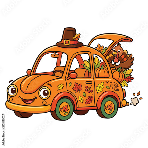 Cute Autumn Car with Thanksgiving Turkey and Pumpkins