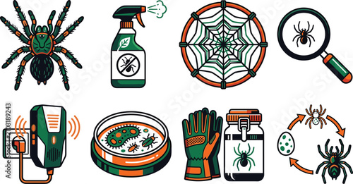 Cuadro en lienzo Spider pest control and entomology icon set with insect repellent and spider stu