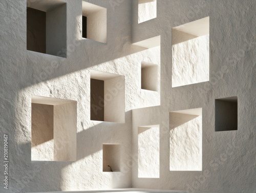 Abstract White Wall with Geometric Openings and Sunlight Shadows