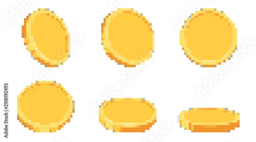 A set of pixel art gold coins. A set of single coins in different projections and perspectives in the retro game style