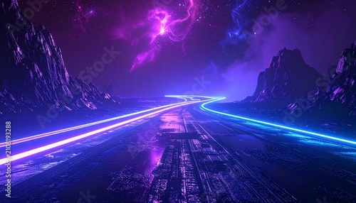 Futuristic neon glowing road through a dark sci-fi cosmic mountain landscape with purple starry night sky background