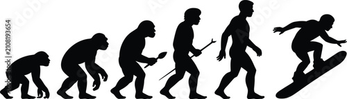 Foto Human evolution silhouette sequence ending with snowboarder, black vector illust