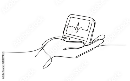 Minimalist hand holding a portable electrocardiograph monitor with a heartbeat waveform during a health check Isolated on transparent background