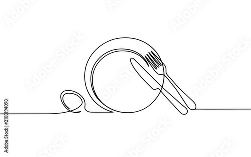 Minimalist single line drawing of a dinner plate with fork and knife isolated on transparent background