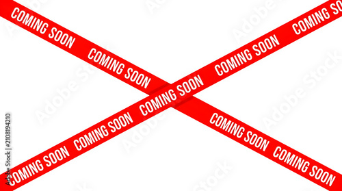 Red tape with white text saying Coming Soon crossing in an X shape PNG Isolated on transparent background
