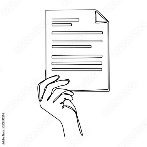 One Line Drawing Hand Holding Document Isolated on Transparent Background