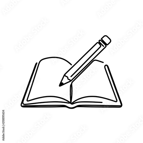 Open book with pencil writing during creative process with minimalist line art Isolated on transparent background