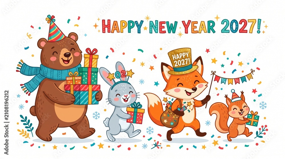 Fototapeta premium Happy New Year 2027 cute cartoon animals carrying gifts with confetti on white background.