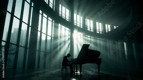 Pianist Performing Solo in Modern Concert Hall with Dramatic Light