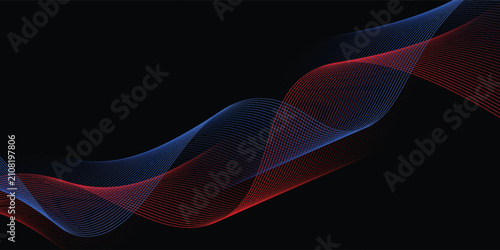 Принти на полотні Elegant digital background featuring blue and red fluid wave lines over a dark black space