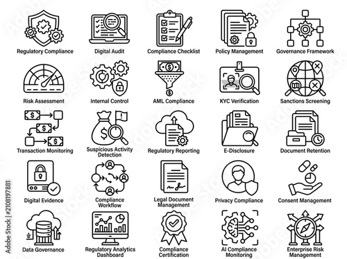 Regulatory Compliance Audit and Corporate Governance Line Icon Set