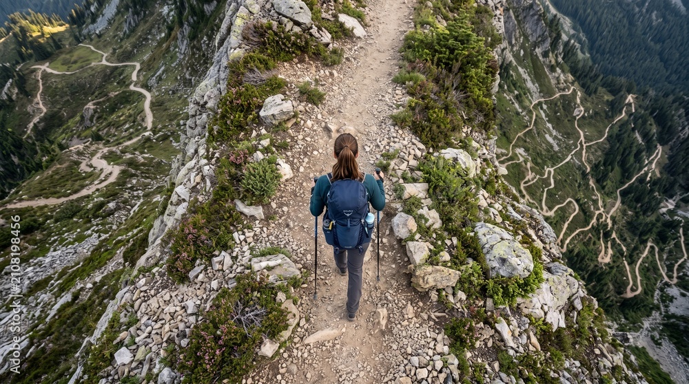 Fototapeta premium Woman hiker with backpack and poles walks on a narrow mountain trail with steep drop off and winding path below