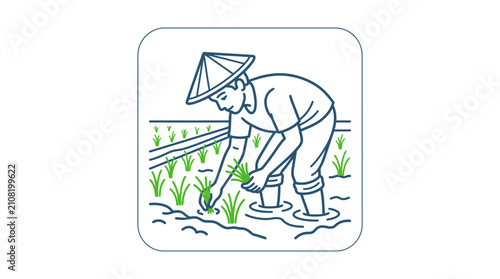 Farmer planting seedling in flooded field traditional agriculture illustration