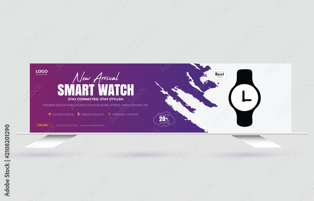 Naklejka premium Modern Smart Watch Web Banner Template for Product Promotion, Social Media Cover Design