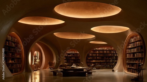Modern Bookstore Interior with Warm Lighting and Unique Architectural Design