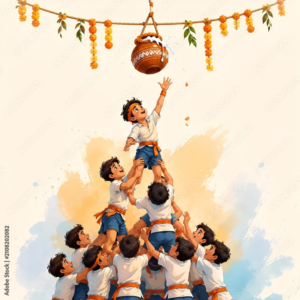 Obraz premium Children forming a human pyramid to break the dahi handi pot during the traditional janmashtami festival celebration with janmashtami, festival
