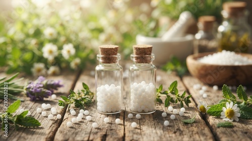Homeopathic globules and healing herbs displayed on a rustic wooden table.