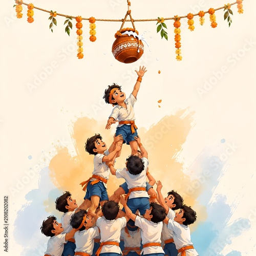 Children forming a human pyramid to break the dahi handi pot during the traditional janmashtami festival celebration with janmashtami, festival