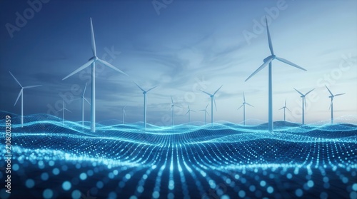 Digital landscape featuring glowing blue waves and wind turbines for renewable energy.