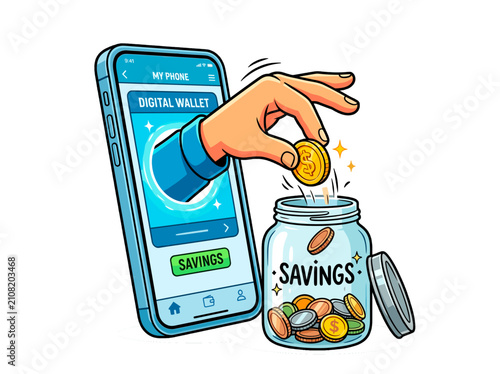 vector Digital wallet hand depositing coins into savings jar illustration representing financial growth and online banking convenience on transparent background