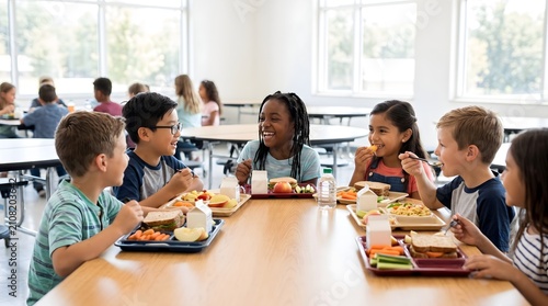 Elementary students socialize and eat their lunch trays while sitting in a modern school dining hall.