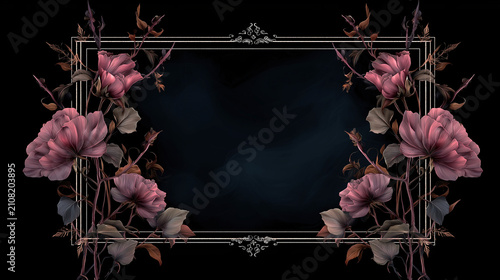 Vintage floral frame with ornate pink peonies and dark smoke background