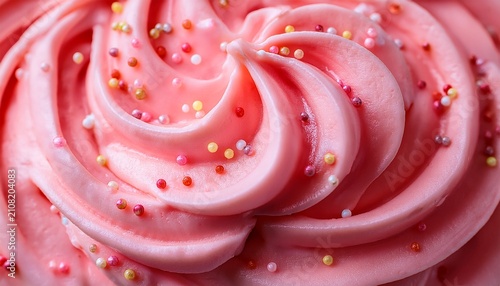 Macro Closeup Of Pink Strawberry Whipped Frosting Swirl With Tiny Sugar Sprinkles Sweet Bakery Dessert Topping Confectionery Texture Food Photography