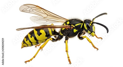 Close up of a yellow and black striped wasp in flight.