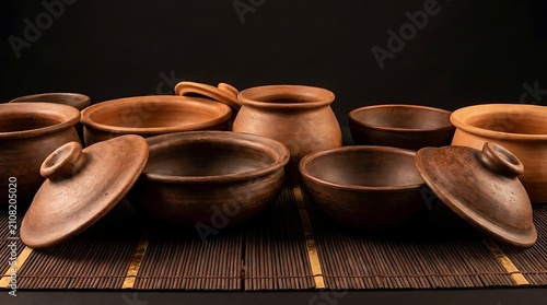Rustic handmade clay pottery bowls on bamboo mat.