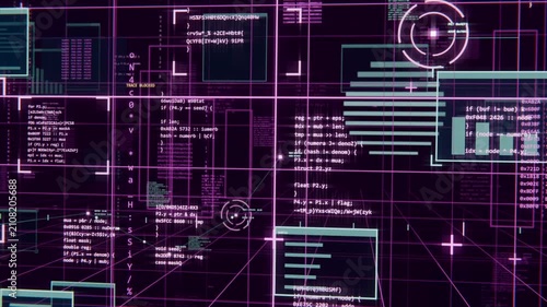 Gliding viewpoint revealing clustered GUI panels across magenta grid, centering stacked-bar and HUD