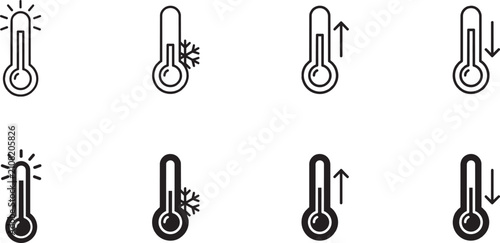 Cuadro en lienzo Minimalist thermometer icon set, 8 weather temperature vector symbols, black lin