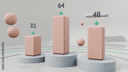 Sliding podiums settling in 3D studio, peach columns rising with markers, labels 32,64,48 for data