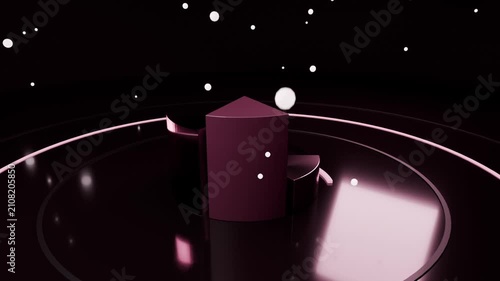 Starting arcs drawing rings, purple stack rising revealing form on floor with orbs orbiting 42%