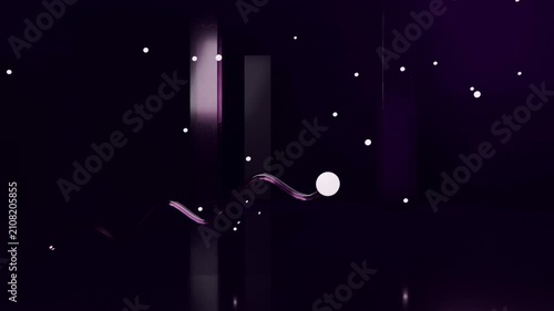 Starting animation, bright white orb rising past purple pillars, leaving double ribbon, copy space