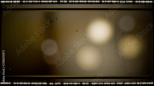Flickering three blurred luminous circles drifting across film gate, revealing text, scratch, dust