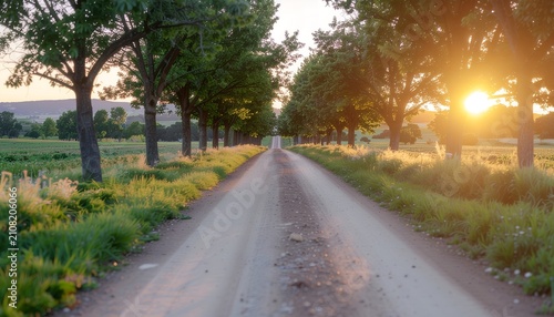 Scenic country road lined with trees at golden hour sunset